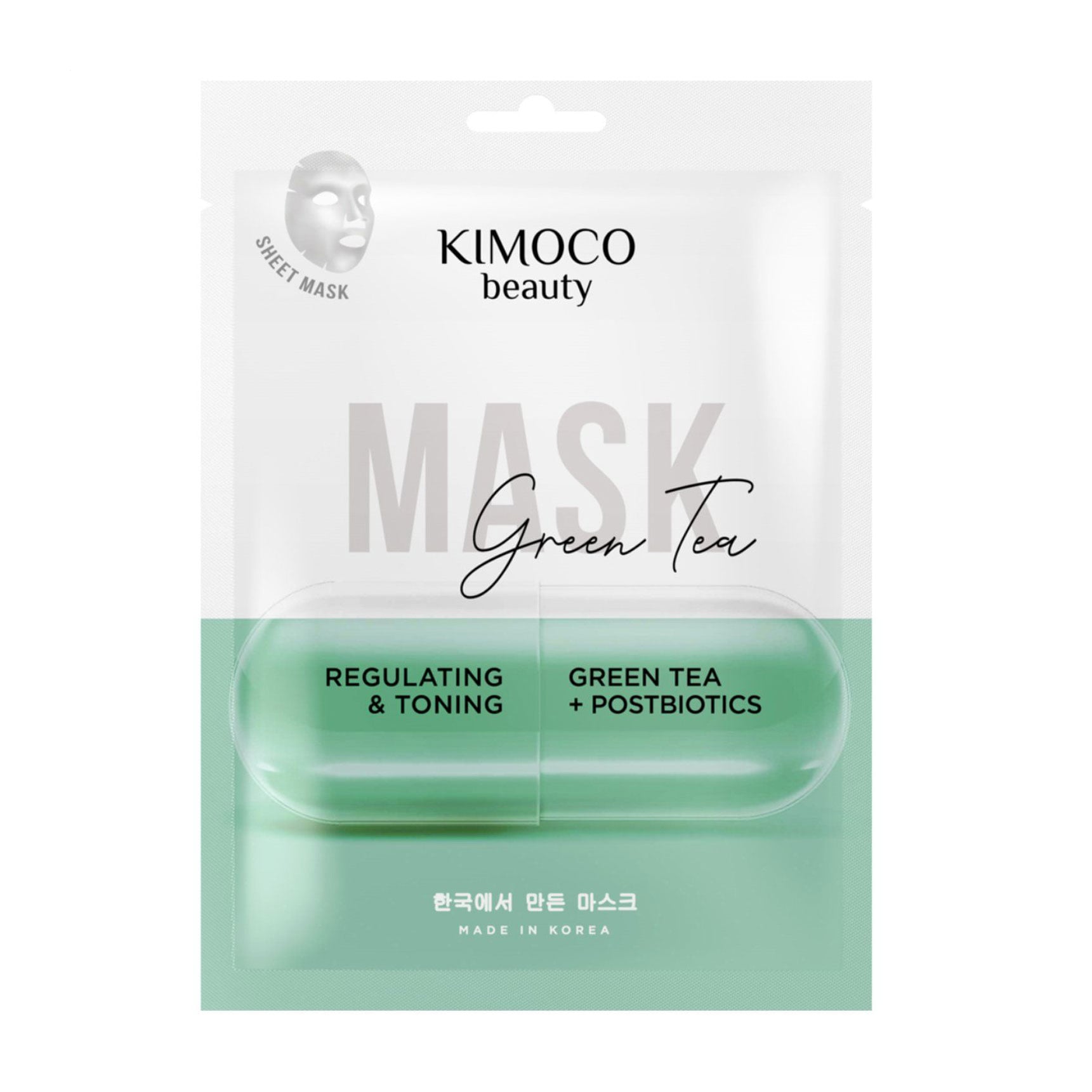 Регулювальна тонізувальна тканинна маска для обличчя Kimoco Beauty Regulating &amp; Toning Mask з зеленим чаєм та постбіотиками, 23 мл